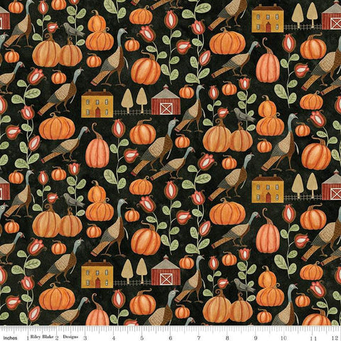 Image of the Bittersweet Farm Turkey Hollow Midnight quilting cotton fabric by Riley Blake Designs. Features turkeys, pumpkins, and fall flowers on a textured black background. 
Cute Little Fabric Shop