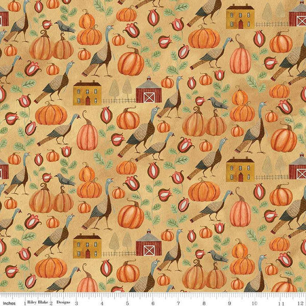 Image of the Bittersweet Farm Turkey Hollow Harvest Gold quilting cotton fabric by Riley Blake Designs. Features turkeys, pumpkins, and fall flowers on a textured yellow gold background. 
Cute Little Fabric Shop