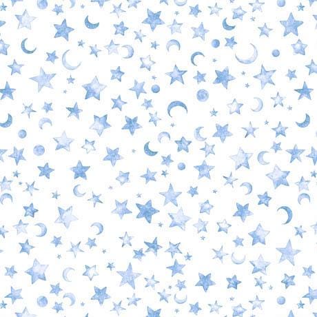 Image of the Lil Wizards Moon & Stars Blue quilting cotton wide back fabric by QT Fabrics. Features blue stars and swirls on a white offwhite background. 
Cute Little Fabric Shop