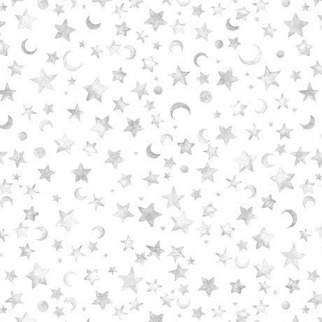 Image of the Lil Wizards Moon & Stars Gray quilting cotton wide back fabric by QT Fabrics. Features grey stars and swirls on a white offwhite background. 
Cute Little Fabric Shop