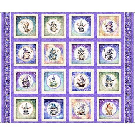 Image of the Lil Wizards Picture Patch Lavender Quilting Cotton Fabric by QT Fabrics. Features squares with baby animals with wizard hats and magic wands on a light purple background. 
Cute Little Fabric Shop