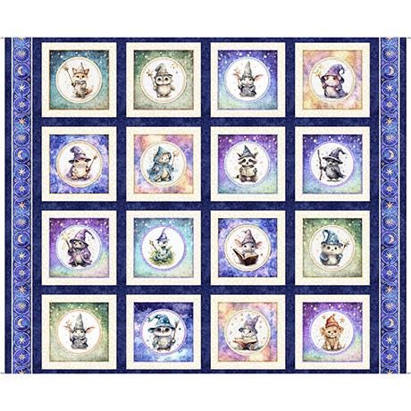 Image of the Lil Wizards Picture Patch Navy Quilting Cotton Fabric by QT Fabrics. Features squares with baby animals with wizard hats and magic wands on a dark blue background. 
Cute Little Fabric Shop