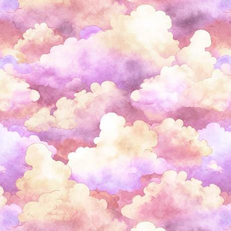 Image of the Lil Wizards Clouds Pink Quilting Cotton Fabric by QT Fabrics. Features pink and orange clouds on a pink background. 
Cute Little Fabric Shop