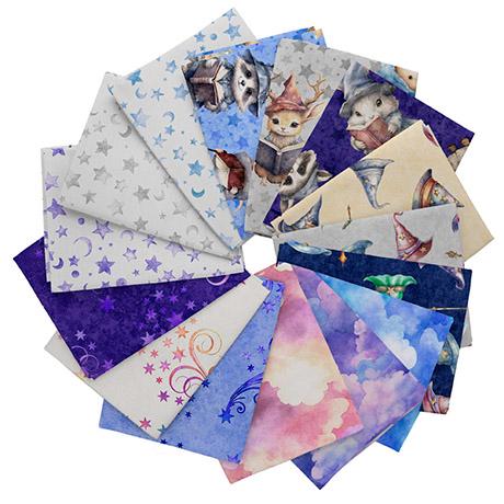 Image of the Lil Wizards quilting cotton fabric fat quarter bundle. Features one fat quarter of each fabric from the Lil Wizards collection. 
Cute Little Fabric Shop