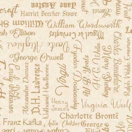 Image of the Bookworm Famous Authors Cream quilting cotton fabric from QT Fabrics. Features famous authors written on a tan background. 
Cute Little Fabric Shop