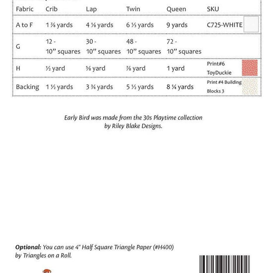 Image of the It's Sew Emma Early Bird Quilt Pattern fabric requirements by Riley Blake Designs. Features a chart with all the fabric requirements.
Cute Little Fabric Shop