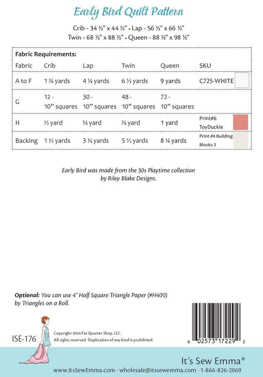 Image of the It's Sew Emma Early Bird Quilt Pattern fabric requirements by Riley Blake Designs. Features a chart with all the fabric requirements.
Cute Little Fabric Shop