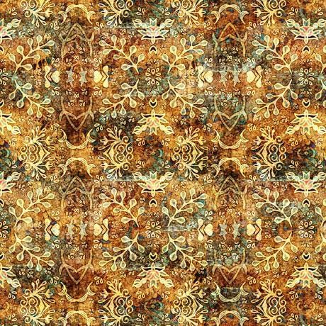 Image of the Bookworm Textured Leaf Medallion Amber quilting cotton fabric from QT Fabrics. Features geometrically scattered leaves and branches on an amber gold background. 
Cute Little Fabric Shop