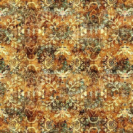 Image of the Bookworm Textured Leaf Medallion Amber quilting cotton fabric from QT Fabrics. Features geometrically scattered leaves and branches on an amber gold background. 
Cute Little Fabric Shop