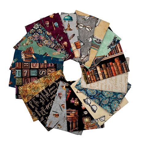 Image of the Bookworm quilting cotton fabric fat quarter bundle. Features one fat quarter of each fabric from the Bookworm collection. 
Cute Little Fabric Shop