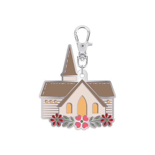 Image of the Lori Holt Enamel Happy Charm™ Chapel by Riley Blake Designs. Features a chapel with red an pink flowers in the front. 
Cute Little Fabric Shop