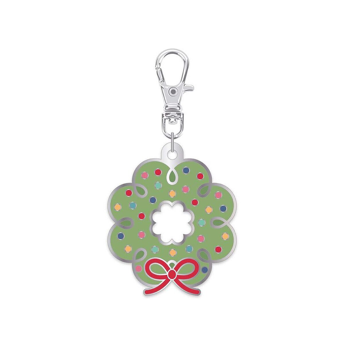 Image of the Lori Holt Enamel Happy Charm™ Wreath by Riley Blake Designs. Features a green wreath with colorful dots and a red bow. 
Cute Little Fabric Shop