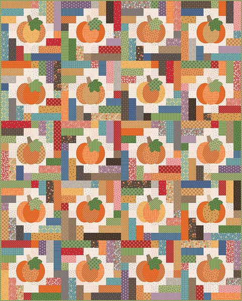 Image of the Pumpkins and Haystacks Quilt Boxed Kit. Features a quilt with pumpkins scattered with colorful strips of fabric. 
Cute Little Fabric Shop