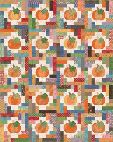 Image of the Pumpkins and Haystacks Quilt Boxed Kit. Features a quilt with pumpkins scattered with colorful strips of fabric. 
Cute Little Fabric Shop