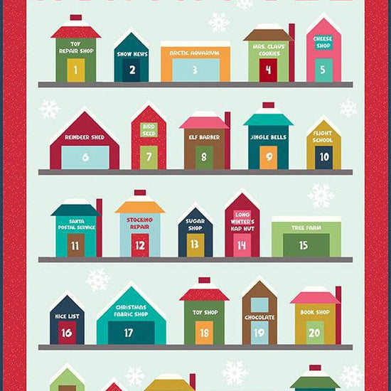 Image of Jennifer Long North Pole Village Advent Calendar Quilt Pattern by Riley Blake Designs. Features houses on a light blue background. 
Cute Little Fabric Shop