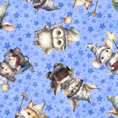 Image of the Lil Wizards Wizard Toss Blue Minky Fabric by QT Fabrics. Features baby animals with magic wands and wizard hats on a light blue starred background. 
Cute Little Fabric Shop