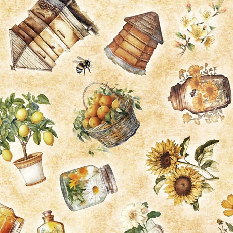 Image of the Queen Bee Bee Hive and Plant Toss Light Tan Minky Fabric by QT Fabrics. Features flowers, lemons, jars, honeybees, and beehives on a light cream background. 
Cute Little Fabric Shop