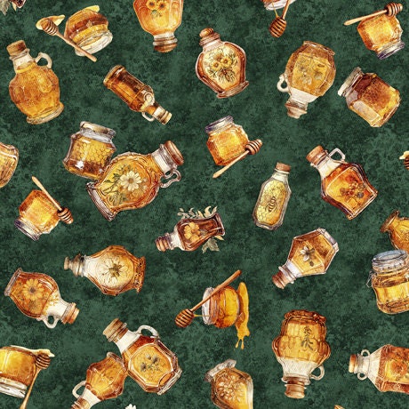 Image of the Queen Bee Honey Bottles Forest Minky Fabric by QT Fabrics. Features bottles of honey with bees on a dark green background. 
Cute Little Fabric Shop