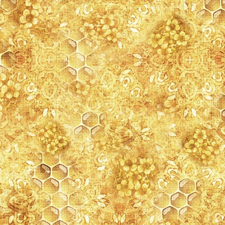 Image of the Queen Bee Honeycomb Blender Butter Minky Fabric by QT Fabrics. Features honeycomb and flowers on a light yellow background. 
Cute Little Fabric Shop