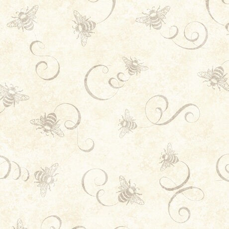 Image of the Queen Bee Bee & Scroll Toss Cream Minky Fabric by QT Fabrics. Features bees and swirls on a light cream background. 
Cute Little Fabric Shop