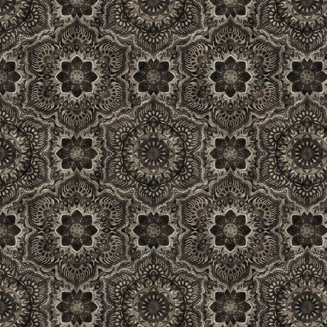 Image of the Queen Bee Flower Medallion Charcoal Minky Fabric by QT Fabrics. Features geometric flowers on a dark brown background. 
Cute Little Fabric Shop