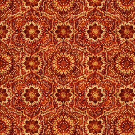 Image of the Queen Bee Flower Medallion Spice Minky Fabric by QT Fabrics. Features geometric flowers on a dark red orange background. 
Cute Little Fabric Shop