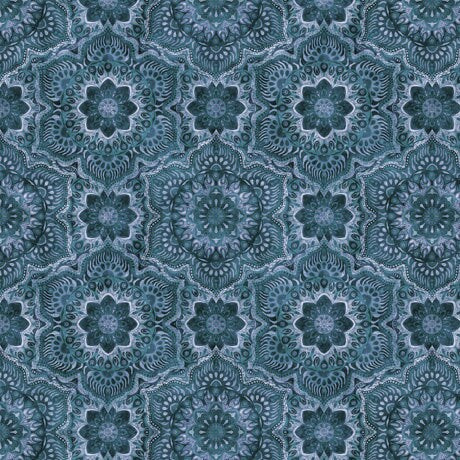 Image of the Queen Bee Flower Medallion Denim Minky Fabric by QT Fabrics. Features geometric flowers on a dark blue background. 
Cute Little Fabric Shop