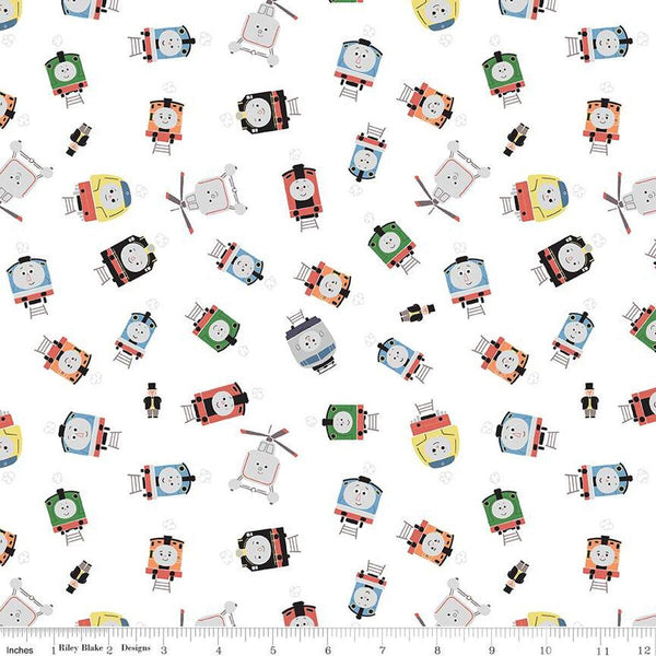 Image of the Thomas & Friends™ Sodor Railway Toss quilting cotton fabric by Riley Blake Designs. Features scattered trains on a white background. 
Cute Little Fabric Shop