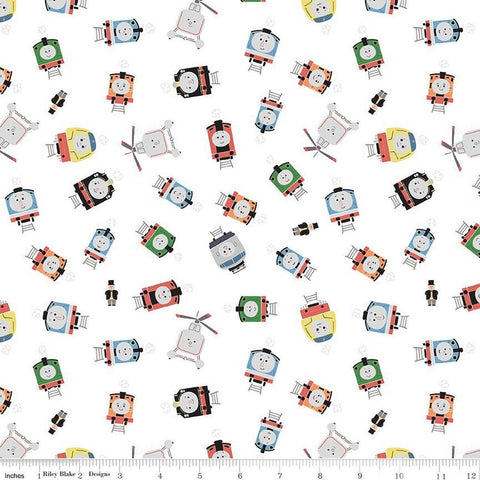 Image of the Thomas & Friends™ Sodor Railway Toss quilting cotton fabric by Riley Blake Designs. Features scattered trains on a white background. 
Cute Little Fabric Shop