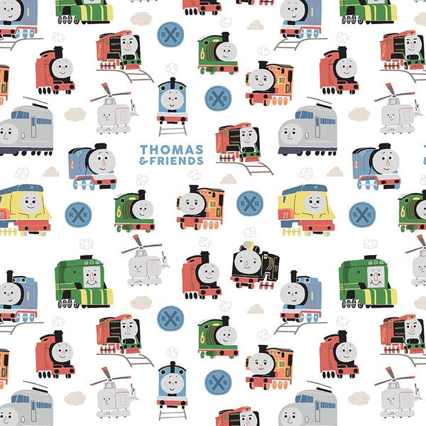 Image of the Thomas & Friends™ Sodor Railway Main White quilting cotton fabric by Riley Blake Designs. Features scattered trains, text, and icons on a white background. 
Cute Little Fabric Shop