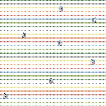 Image of the Thomas & Friends™ Sodor Railway On the Tracks White quilting cotton fabric by Riley Blake Designs. Features lines of tracks and trains on a white background. 
Cute Little Fabric Shop