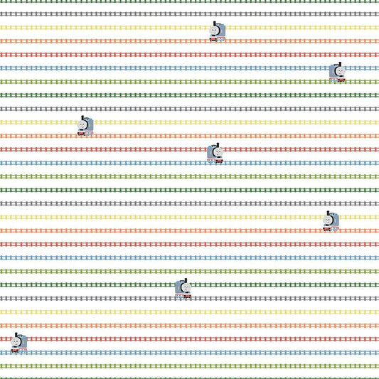 Image of the Thomas & Friends™ Sodor Railway On the Tracks White quilting cotton fabric by Riley Blake Designs. Features lines of tracks and trains on a white background. 
Cute Little Fabric Shop