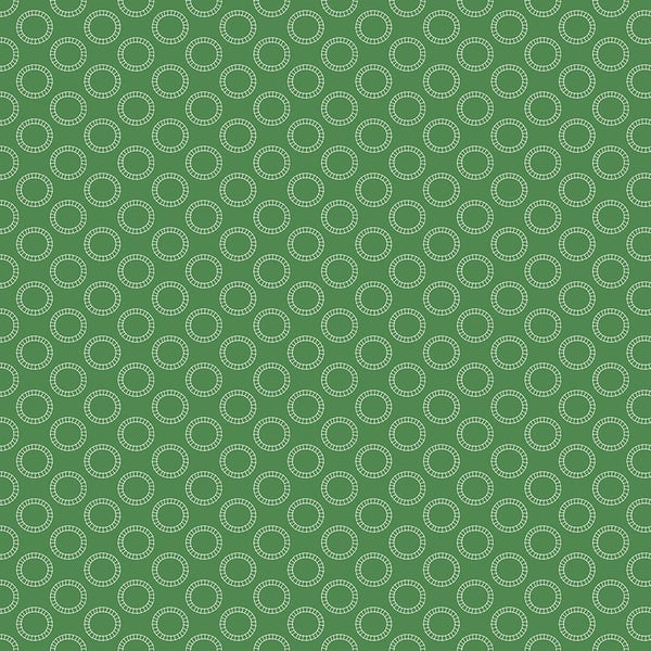 Image of the Thomas & Friends™ Sodor Railway Round the Track Green quilting cotton fabric by Riley Blake Designs. Features circular tracks on a green background. 
Cute Little Fabric Shop