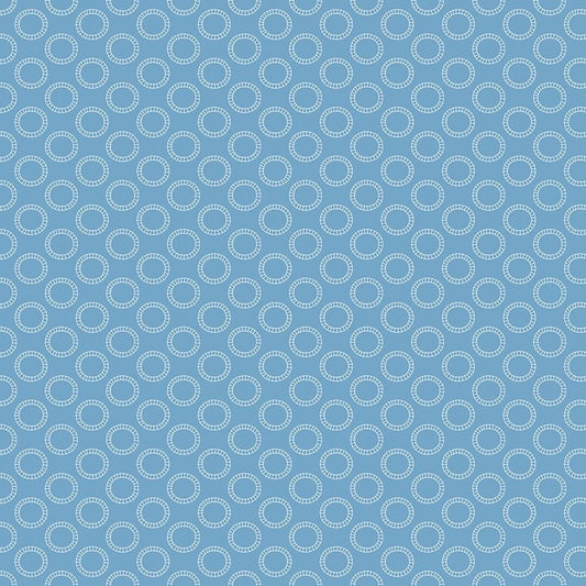 Image of the Thomas & Friends™ Sodor Railway Round the Track Blue quilting cotton fabric by Riley Blake Designs. Features circular tracks on a blue background. 
Cute Little Fabric Shop