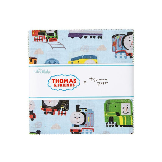 Image of the Thomas & Friends™ Sodor Railway 5" Stacker by Riley Blake Designs. Features a blue fabric with Thomas and friends. 
Cute Little Fabric Shop