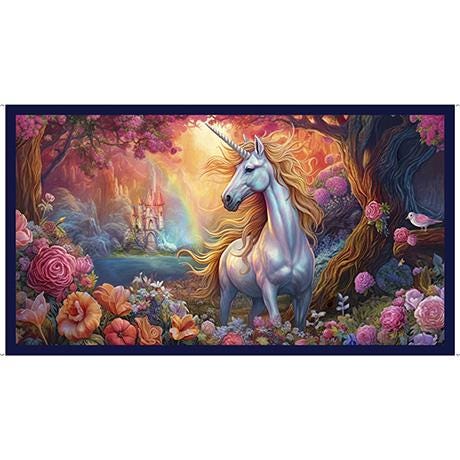 Image of the Mystical Unicorn quilting cotton panel by QT Fabrics. Features a unicorn surrounded by flowers and a tree with a castle in the background. 
Cute Little Fabric Shop