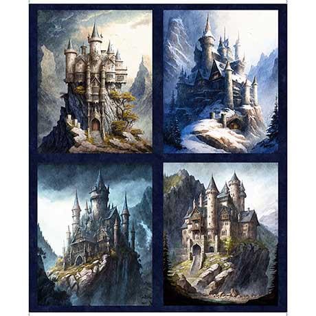 Image of the Wizards and Warriors Castle Panel Navy. Features a four castles with mountains on a stormy grey blue background. 
Cute Little Fabric Shop