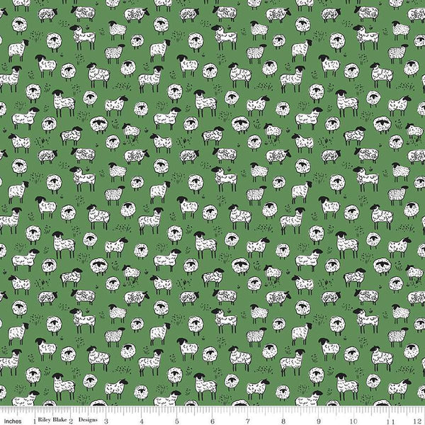 Image of the Farm Livin Sheep Green quilting cotton fabric by Riley Blake Designs. Features scattered sheep on a green background. 
Cute Little Fabric Shop
