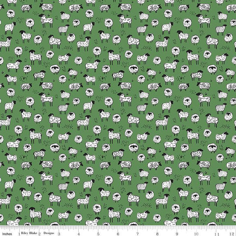 Image of the Farm Livin Sheep Green quilting cotton fabric by Riley Blake Designs. Features scattered sheep on a green background. 
Cute Little Fabric Shop