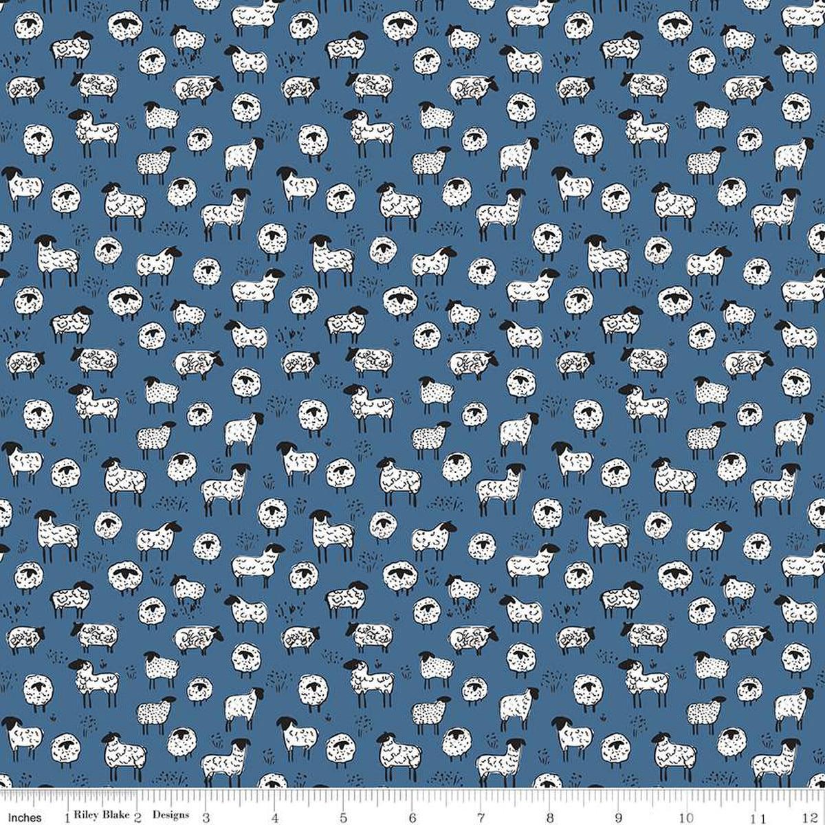 Image of the Farm Livin Sheep Denim quilting cotton fabric by Riley Blake Designs. Features scattered sheep on a blue background. 
Cute Little Fabric Shop