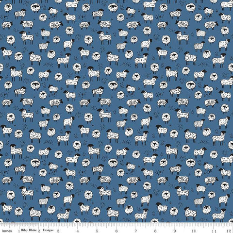 Image of the Farm Livin Sheep Denim quilting cotton fabric by Riley Blake Designs. Features scattered sheep on a blue background. 
Cute Little Fabric Shop