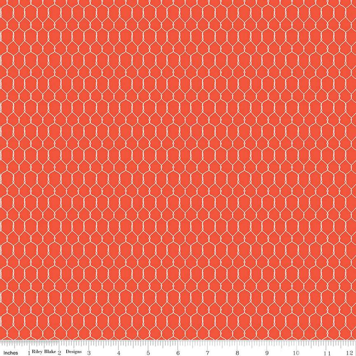 Image of the Farm Livin Chicken Wire Red quilting cotton fabric by Riley Blake Designs. Features chicken wire on a red background. 
Cute Little Fabric Shop