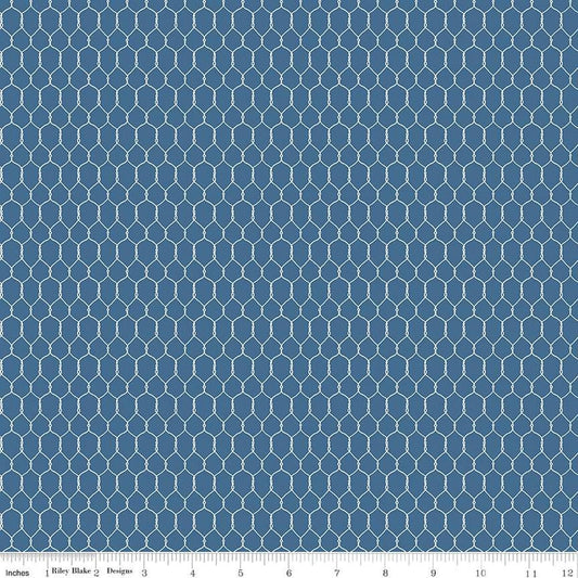 Image of the Farm Livin Chicken Wire Denim quilting cotton fabric by Riley Blake Designs. Features chicken wire on a blue background. 
Cute Little Fabric Shop