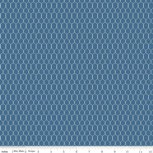 Image of the Farm Livin Chicken Wire Denim quilting cotton fabric by Riley Blake Designs. Features chicken wire on a blue background. 
Cute Little Fabric Shop