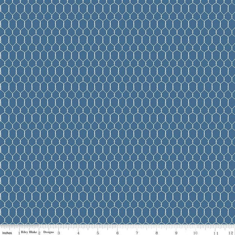 Image of the Farm Livin Chicken Wire Denim quilting cotton fabric by Riley Blake Designs. Features chicken wire on a blue background. 
Cute Little Fabric Shop