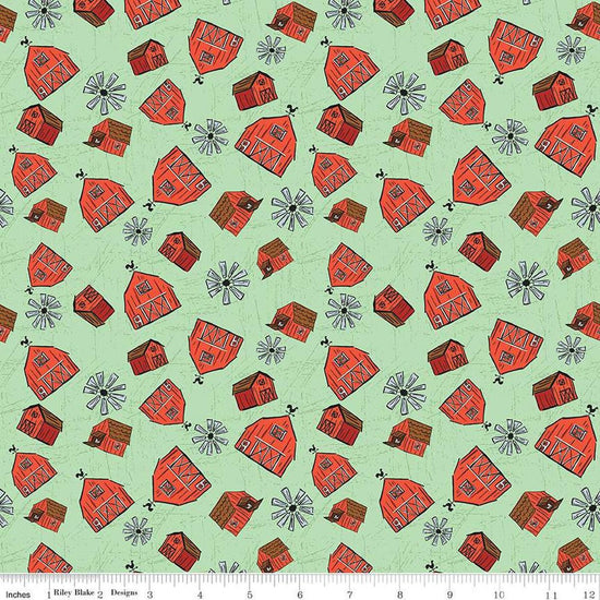 Image of the Farm Livin Barn Toss Mint quilting cotton fabric by Riley Blake Designs. Features tossed barns and windmills on a light green background. 
Cute Little Fabric Shop