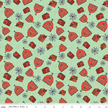 Image of the Farm Livin Barn Toss Mint quilting cotton fabric by Riley Blake Designs. Features tossed barns and windmills on a light green background. 
Cute Little Fabric Shop