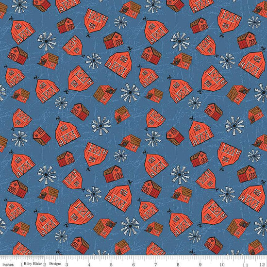 Image of the Farm Livin Barn Toss Denim quilting cotton fabric by Riley Blake Designs. Features tossed barns and windmills on a dark blue background. 
Cute Little Fabric Shop