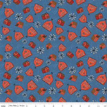 Image of the Farm Livin Barn Toss Denim quilting cotton fabric by Riley Blake Designs. Features tossed barns and windmills on a dark blue background. 
Cute Little Fabric Shop