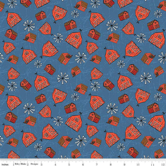 Image of the Farm Livin Barn Toss Denim quilting cotton fabric by Riley Blake Designs. Features tossed barns and windmills on a dark blue background. 
Cute Little Fabric Shop